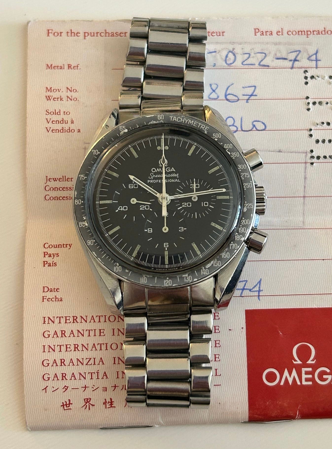 Omega Speedmaster 145.022 long S and R original paper